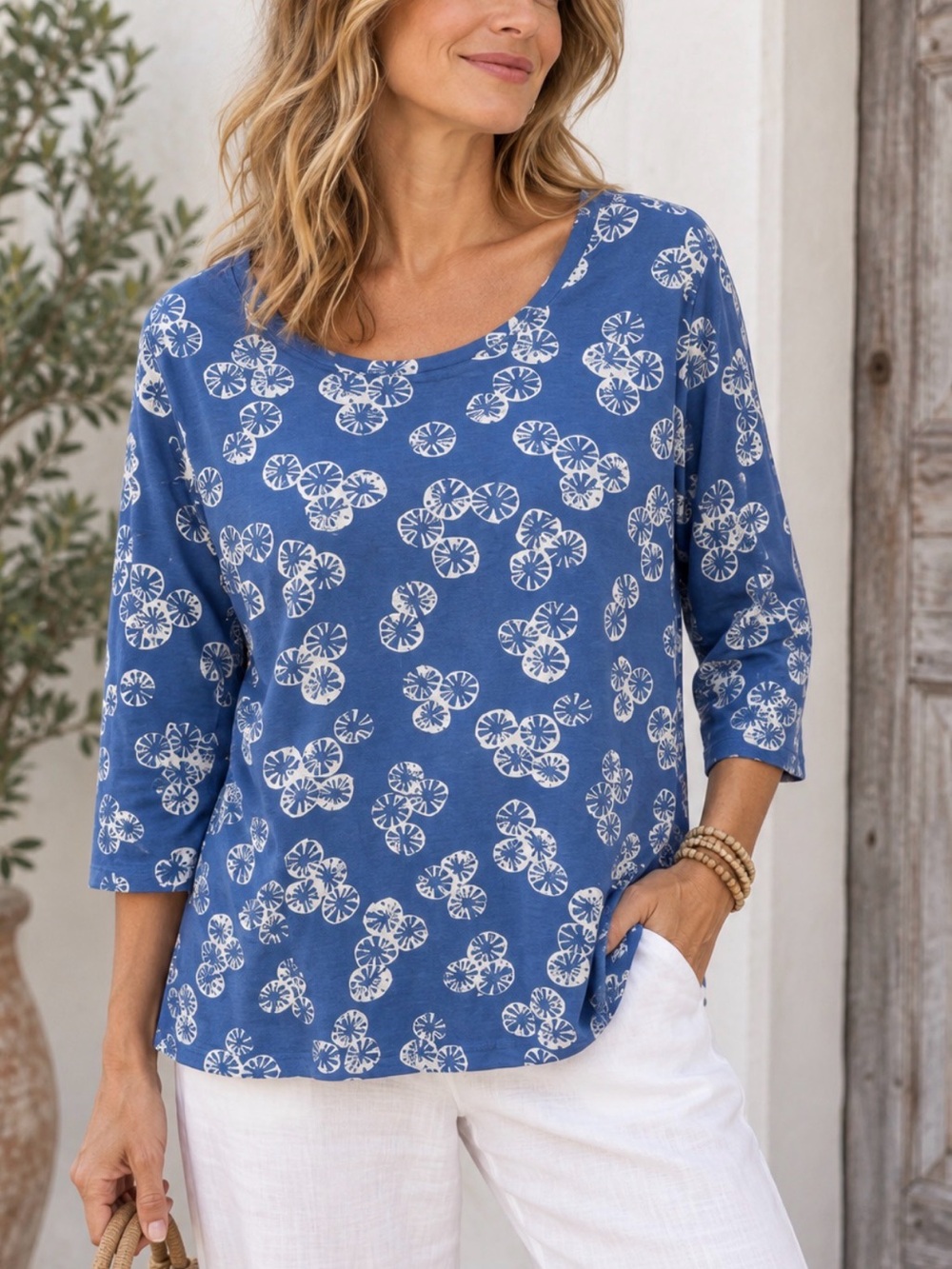 Gudrun Sjoden L Bomull cotton natural blue floral casual lagonlook nordic Top